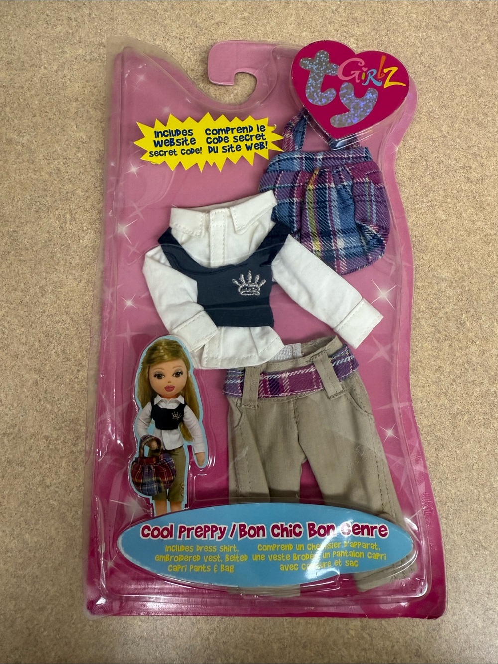 NWT Ty Girlz “Cool Preppy” Doll Outfit Set - Pink & Blue Plaid & Khaki Details